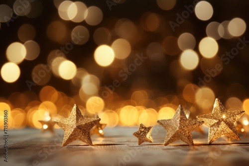  a group of gold stars sitting on top of a wooden table next to a gold boke of lights in the background.