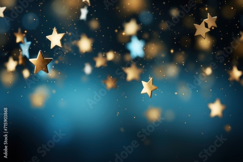  a blurry image of gold stars against a blue background with stars of different sizes and shapes flying in the air.