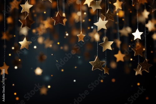  a black background with gold stars hanging from it's sides and a black background with gold stars hanging from it's sides.