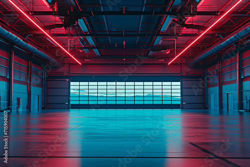 Interior photo of an airplane hangar, blue and red color palette, neon lights © Karol