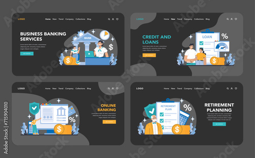 Core Banking Services night or dark mode web or landing page. A visual tour of banking essentials, covering business, credit, online banking, and retirement planning. Flat vector illustration.