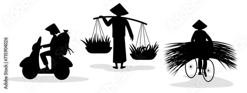 Vietnamese person on bicycle with stack of grass . Vietnamese person with baskets on pole over shoulder. Woman on motorcycle carrying big bag. Black cartoon vector illustration on white background.
