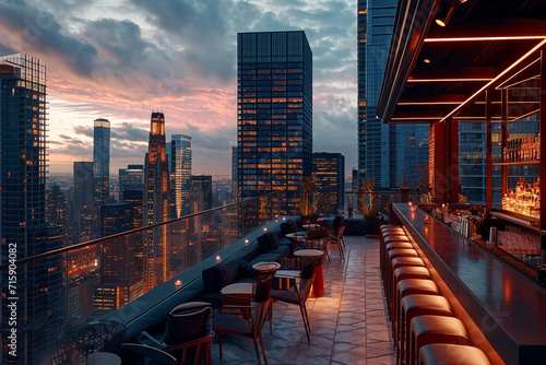 Rooftop bar at dusk, overlooking a bustling city with other skyscrapers