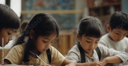 Portrait of little children doing art project in school photo