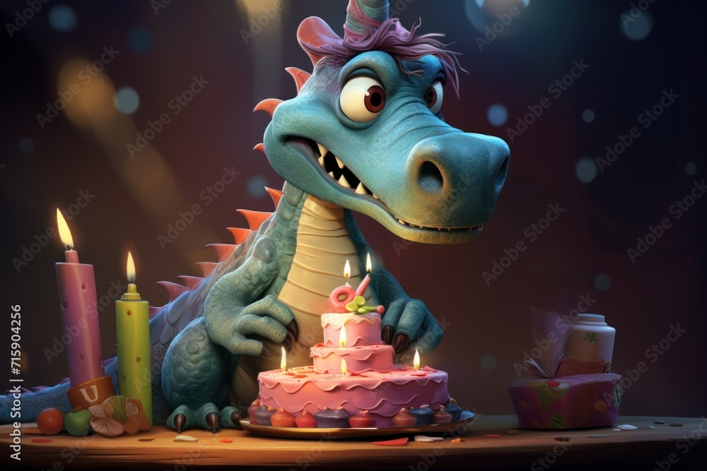  a cartoon dragon sitting in front of a birthday cake with a candle in its mouth and a birthday cake with a candle in its mouth.