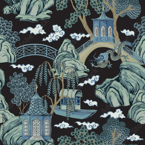 Chinese pagoda, dragon, boat, river, tree, cloud landscape seamless pattern. Chinoiserie wallpaper.
