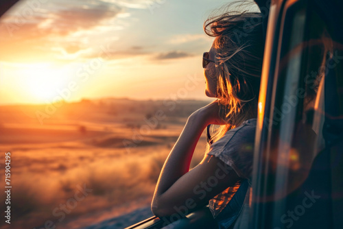 Happy woman traveling opens window to breathe fresh air of nature, Female enjoy travel in outdoor lifestyle activity on road trip vacation photo