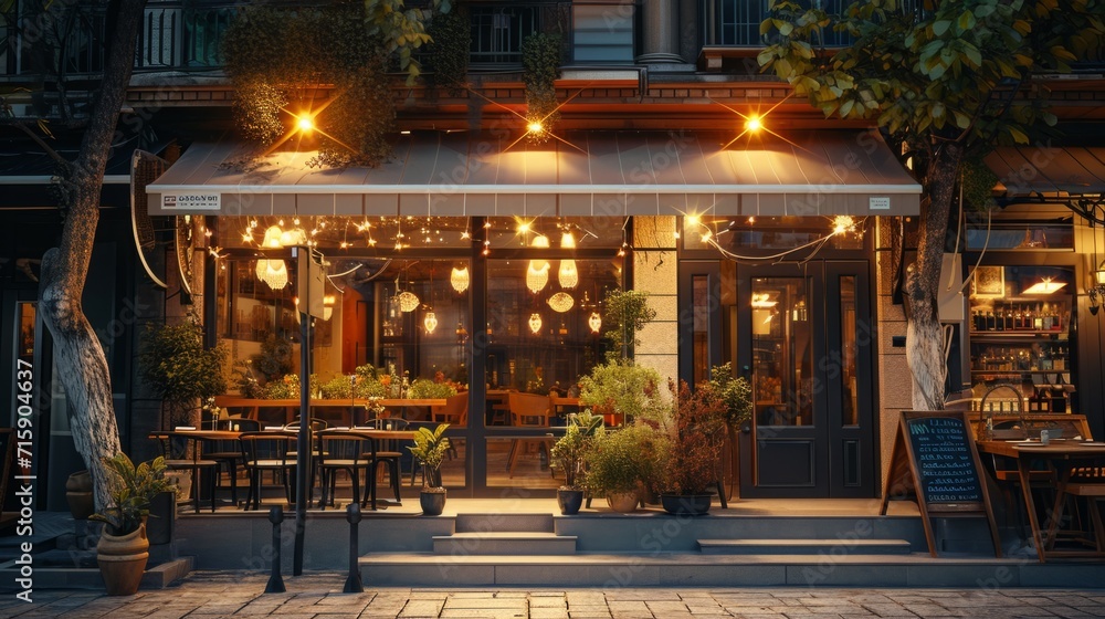 A restaurant is lit up at night on a sidewalk
