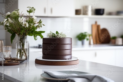  a chocolate cake sitting on top of a counter next to a vase of flowers and a pair of utensils.