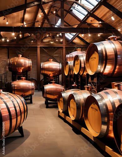 A western-style whiskey distillery with barrels and copper stills. AI Generativ