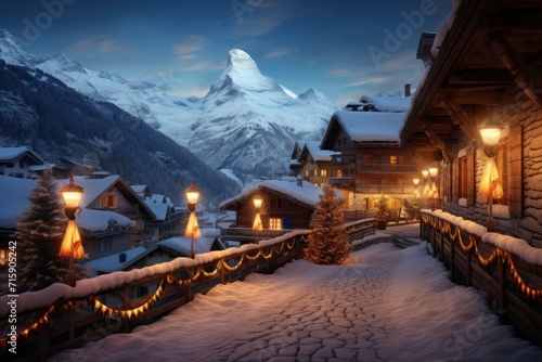  a night scene of a village with a mountain in the background and lit up christmas lights in the foreground.
