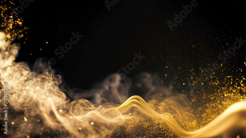 Uma onda de fumaça amarela com brilhos dourados em um fundo preto.