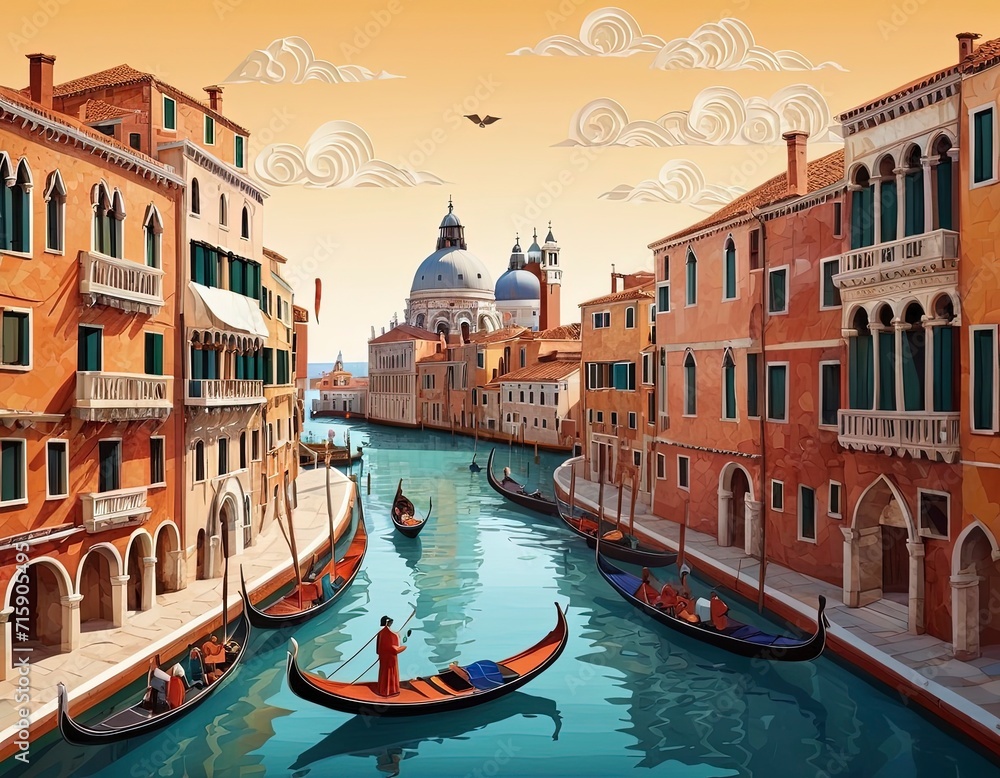 Venice city colorful graphics, Great canal, vector illustration, gandola. Good for postcards, poster and canvas. Generative AI