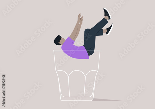 A character falling into the depths of an empty glass, symbolizing the descent into the metaphorical rock bottom, associated with alcohol problems