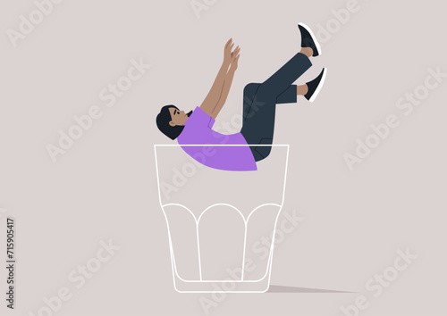 A character falling into the depths of an empty glass, symbolizing the descent into the metaphorical rock bottom, associated with alcohol problems
