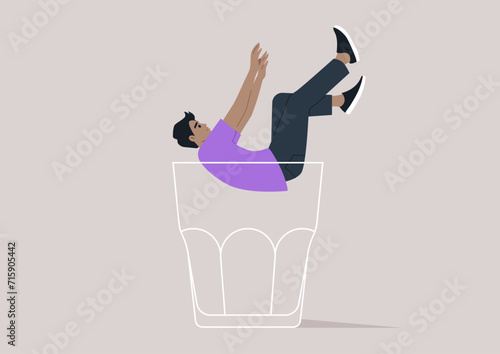 A character falling into the depths of an empty glass, symbolizing the descent into the metaphorical rock bottom, associated with alcohol problems