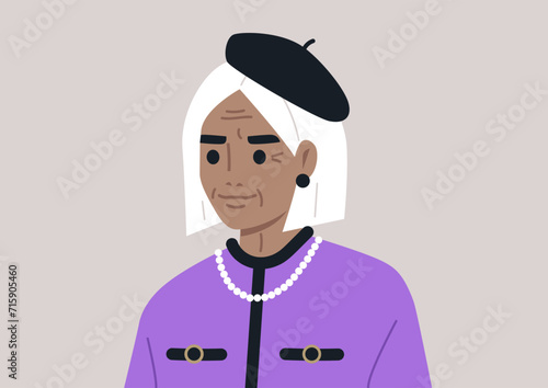 The elegant senior lady donning a beret hat, a string of pearls, and a stylish tweed jacket, the timeless grace and refined fashion sense, highlighting the sophistication of the mature woman