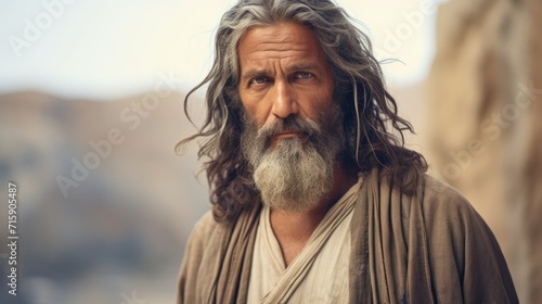 Photorealistic Old Indian Man with Brown Straight Hair retro Illustration. Portrait of a person in ancient aesthetics. Historic movie style Ai Generated Horizontal Illustration.