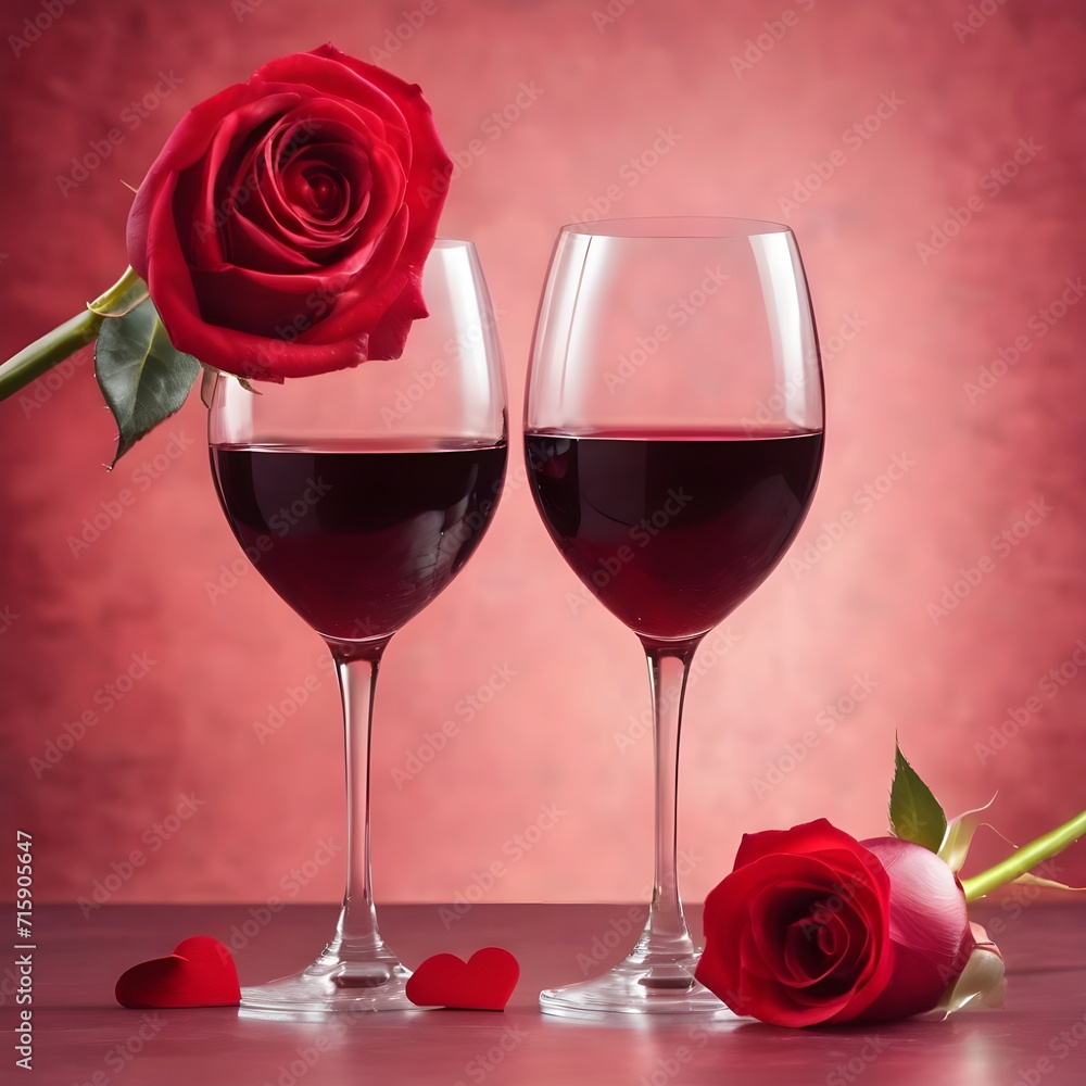 Two elegant wine glasses and rose heart background valentine's day holiday background Two elegant wine glasses and rose heart background valentine's day holiday background