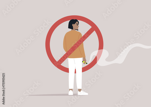 A no electronic cigarette smoking area, a character holding a vape pen in their hand crossed out within a red circle, a cloud of fumes emanating from the gadget