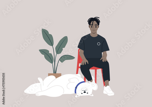 A confident and handsome young male character sits on a red chair, accompanied by a fluffy Samoyed dog lazily stretched out at his feet, the companionship between the owner and his content dog