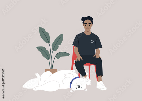 A confident and handsome young male character sits on a red chair, accompanied by a fluffy Samoyed dog lazily stretched out at his feet, the companionship between the owner and his content dog