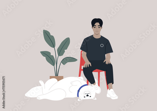 A confident and handsome young male character sits on a red chair, accompanied by a fluffy Samoyed dog lazily stretched out at his feet, the companionship between the owner and his content dog