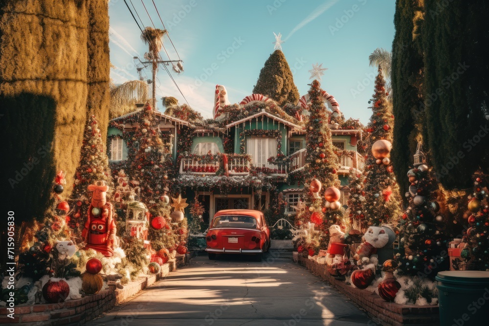  a red car parked in front of a house covered in christmas decorations and trees with a red truck parked in front of it.