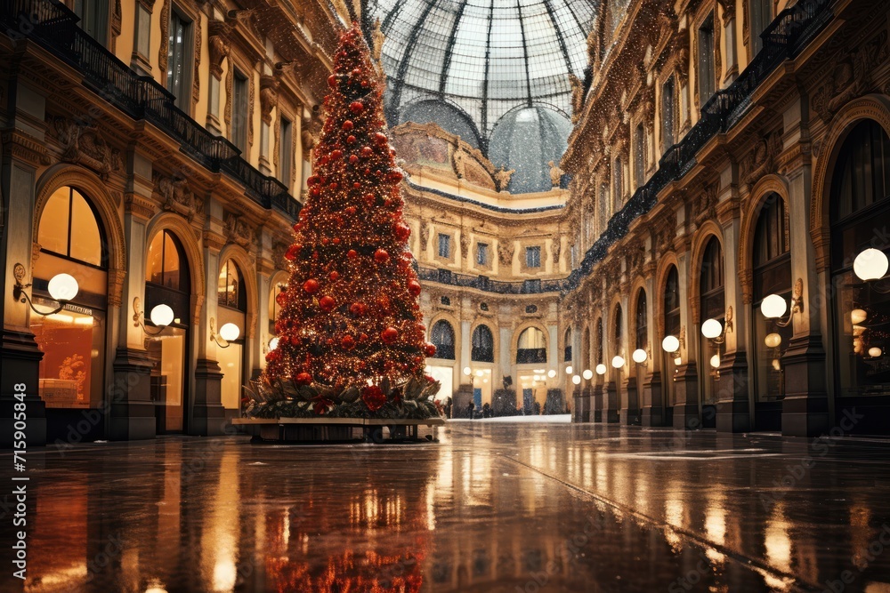 a large christmas tree in the middle of a large building with a domed ceiling and lights on either side of it. a large christmas tree in the middle of a large building with a domed ceiling and lights on either side of it.