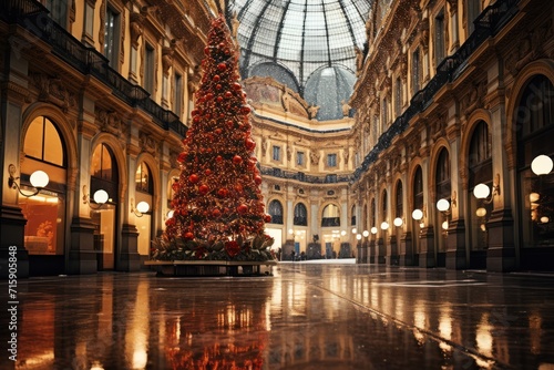  a large christmas tree in the middle of a large building with a domed ceiling and lights on either side of it.