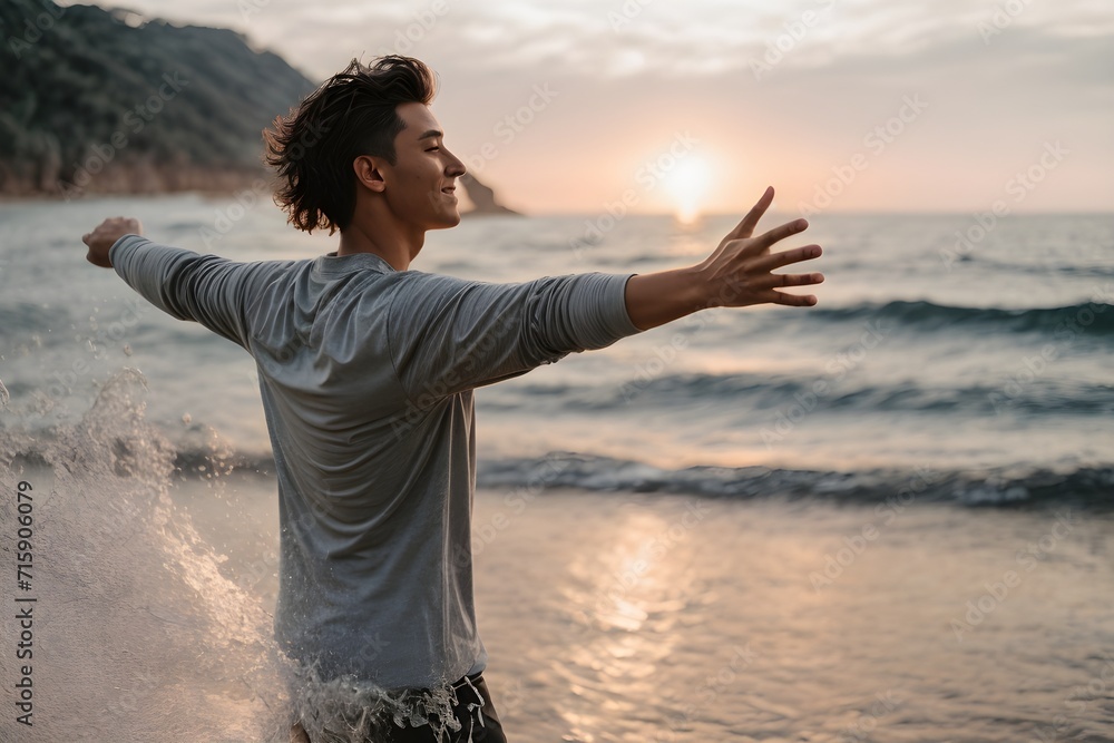 Young man arms outstretched by the sea at sunrise enjoying freedom and life, people travel wellbeing concept Young man arms outstretched by the sea at sunrise enjoying freedom and life, people travel wellbeing concept