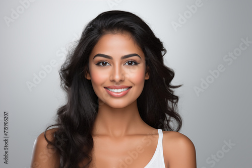 a closeup photo portrait of a beautiful young asian indian model woman smiling with clean teeth. used for a dental ad. isolated on white background