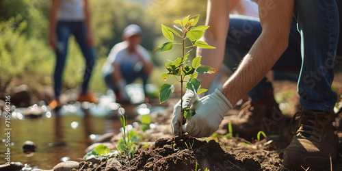 A volunteer guy plants a tree along a stream to prevent erosion. The concept of ecology, environmental protection.
