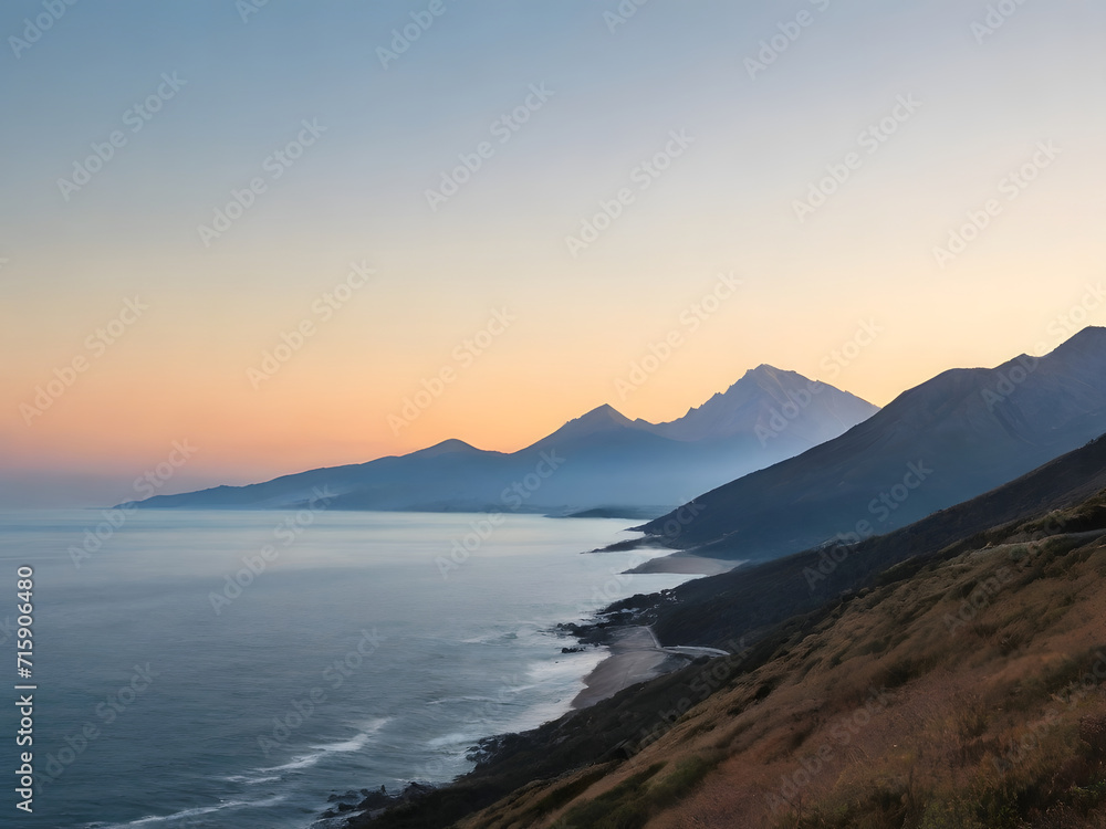 Scenic view of mountain and sea in front of clear sky at sunrise