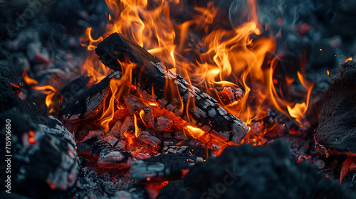 burning lumpy briquette coal as an abstract background. The texture of the fiery coals of a campfire smoldering fire. Close-up, Generative AI photo