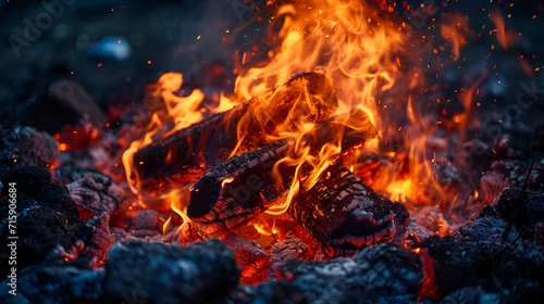 burning lumpy briquette coal as an abstract background. The texture of the fiery coals of a campfire smoldering fire. Close-up, Generative AI photo