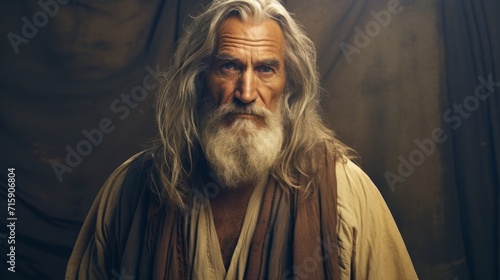 Photorealistic Old Persian Man with Blond Straight Hair retro Illustration. Portrait of a person in ancient aesthetics. Historic movie style Ai Generated Horizontal Illustration.