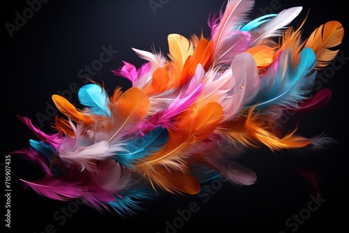  a bunch of colorful feathers floating in the air on a black background with a reflection of the light on the feathers.