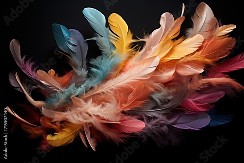  a group of multicolored feathers on a black background with space for text on the left side of the image.