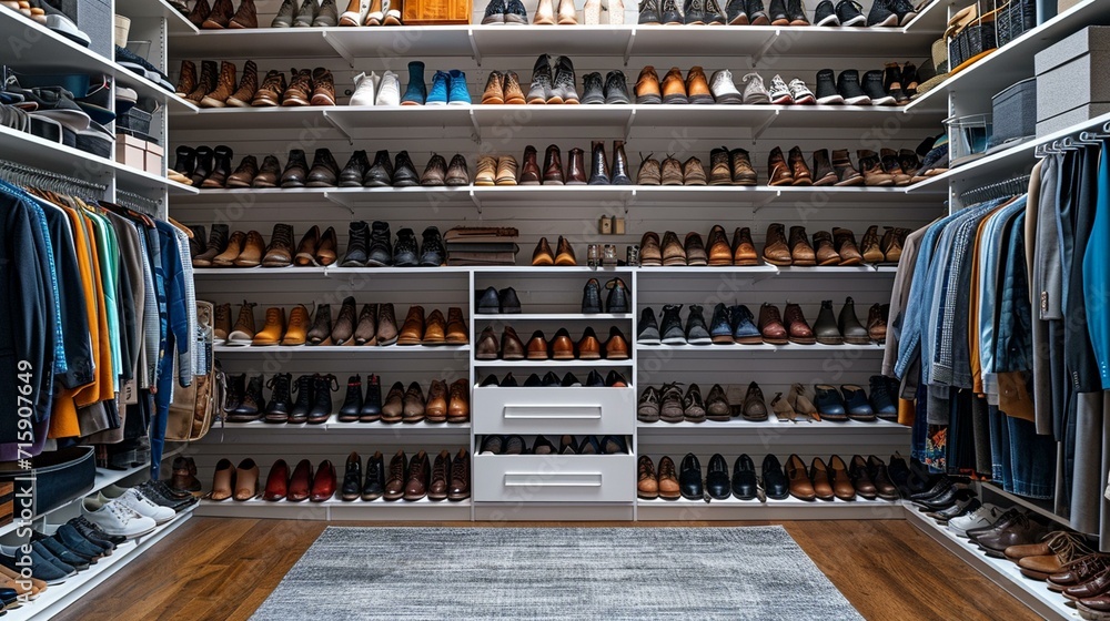 Closet with customized shelving and compartments for a perfectly organized shoe collection. [Organized shoe collection in a customized closet