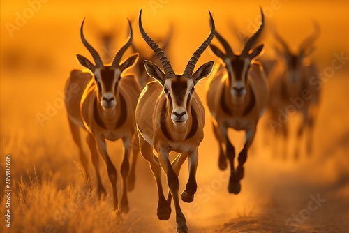 Graceful antelopes in the golden light of african savannah at mesmerizing sunset photo