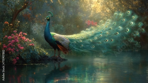 beautiful peacock in tranquil forest nature landscape, Generative Ai