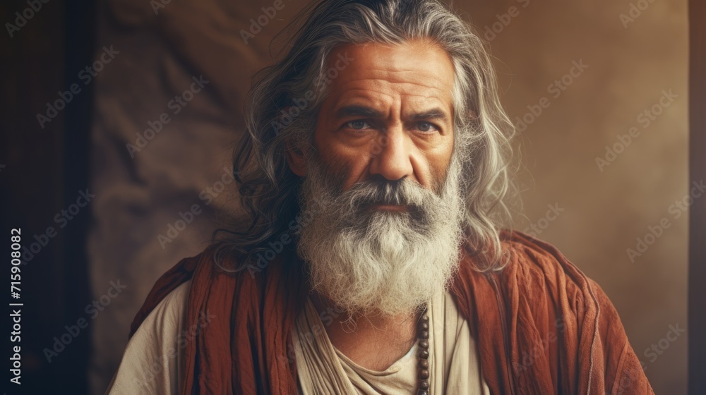Photorealistic Old Persian Man with Brown Straight Hair retro Illustration. Portrait of a person in ancient aesthetics. Historic movie style Ai Generated Horizontal Illustration.