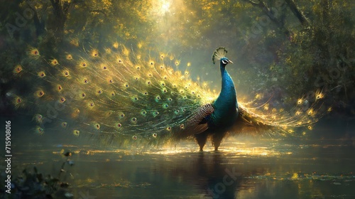 beautiful peacock in tranquil forest nature landscape, Generative Ai © QuietWord