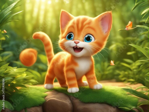Captivating Realistic Cartoon Scene: Cute Kitten in Vibrant Orange on Jungle Backdrop photo