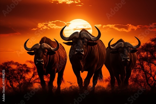 Breathtaking african landscape. magnificent sunset with buffaloes grazing in the golden savannah