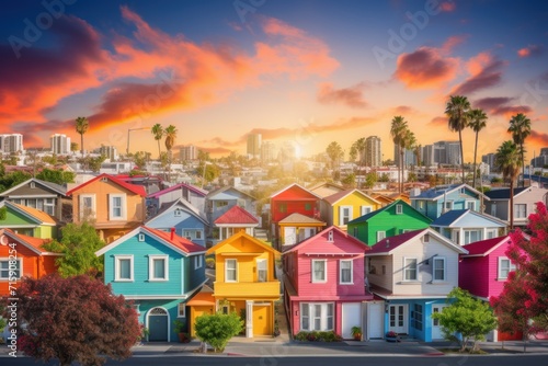  a group of colorful houses with palm trees in the foreground and a cityscape in the back ground.