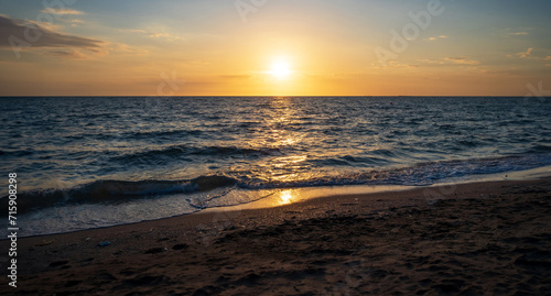 Landscape horizon viewpoint panorama summer sea beach nobody wind wave cool holiday calm coastal sunset sky light orange golden evening day time look calm nature tropical beautiful ocean water travel
