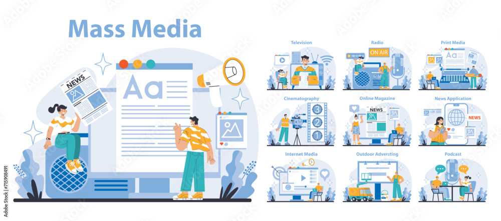 Mass media set. Diverse digital platforms and broadcasting methods. Engaging content creation and sharing. Communication technology evolution. Flat vector illustration. - obrazy, fototapety, plakaty 