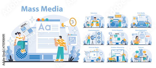 Mass media set. Diverse digital platforms and broadcasting methods. Engaging content creation and sharing. Communication technology evolution. Flat vector illustration.